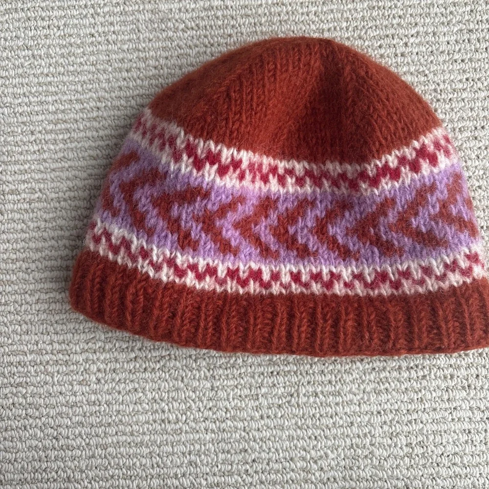 Rust Red Fair Isle Knit Beanie with Pink and Cream Accents